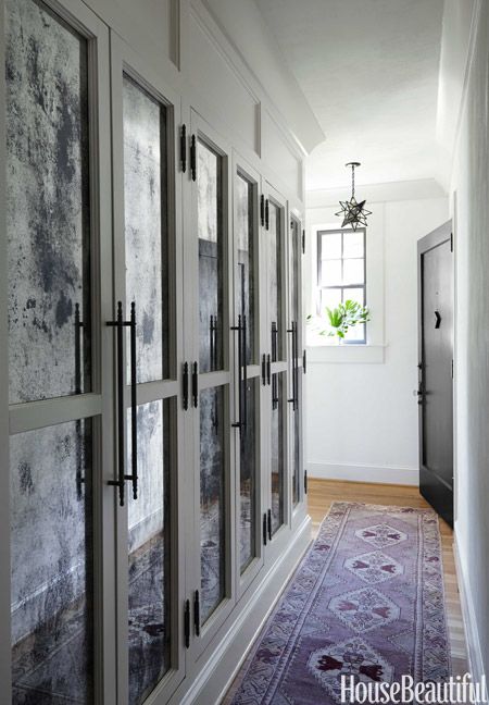 New closets in the entry, with antiqued mirrored doors and French hardware - perfect for a master wardrobe:) Feminine Apartment, Closet Organization Bins, Closet Wall, Mirror Closet Doors, Glamorous Decor, Foyer Design, Entryway Furniture, Closet Doors, Stylish Storage