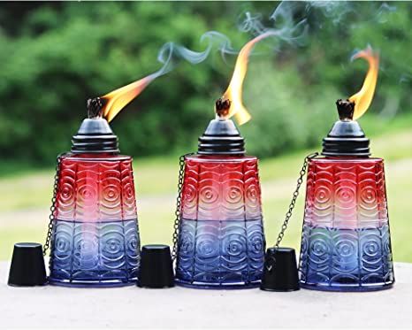 Seraphic Torches for Outside - Citronella 16oz Glass Table Top Torch Candles for Patio, Garden, Lawn, and Outdoor Parties, Set of 3, Red/White/Blue Torches Tiki, Citronella Torches, Outdoor Torches, Citronella Oil, Glass Table Top, Patio Party, Tiki Torches, Outdoor Backyard, Oil Candles