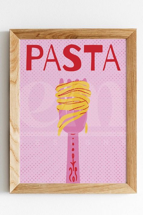 Pasta Art Print, Pasta Artwork, Spaghetti Illustration, Pasta Illustration, Spaghetti Poster, Pasta Poster, Halftone Background, Pasta Art, Pink Illustration