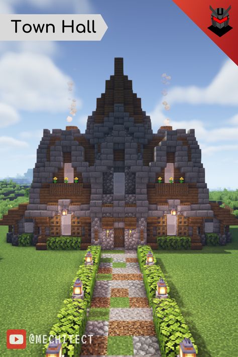 Minecraft Medieval Courthouse, Minecraft Town Hall Cottagecore, City Hall Minecraft Build, Town Hall Minecraft Easy, Minecraft Village Town Center, Minecraft Country House Ideas, Minecraft Town Hall Ideas Medieval, Minecraft Village Town Hall, Small Town Hall Minecraft