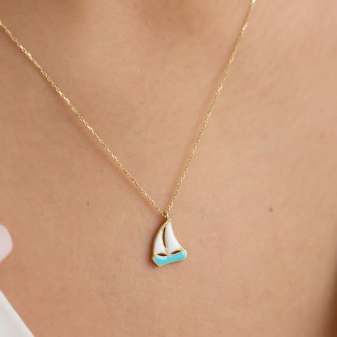 Excited to share this item from my #etsy shop: 14K Yellow Gold Sail Boat Necklace, Blue Enamel Yacht Pendant, Real Gold, Nautical Jewelry, Blue Enamel Necklace, Ocean, Traveler Necklace #gold #anniversary #christmas #beachtropical #minimalist #yachtnecklace Travel Necklace, Evil Eye Necklace Gold, Crescent Necklace, Gold Armband, Jewelry By Material, Nautical Jewelry, Enamel Necklaces, Sail Boat, Jewelry Blue