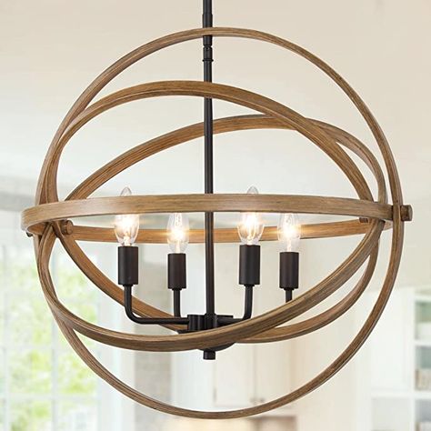 LALUZ Farmhouse Chandelier for Dining Room, 4-Light Orb Chandelier Light Fixture for Kitchen Island, Wood Finish, 21” Dia - - Amazon.com Candlestick Chandelier, Orb Chandelier, Cage Chandelier, Kitchen Island Chandelier, Farmhouse Chandelier, Wood Chandelier, Globe Chandelier, Kitchen Lighting Fixtures, Rustic Chandelier