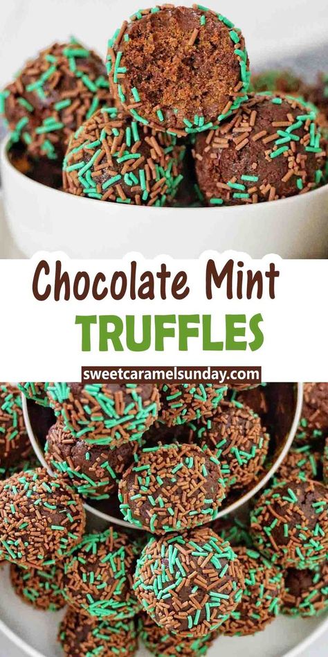 Chocolate Mint Truffles coated in chocolate and green sprinkles in white bowl on stacked white plates with text over lay. Mint Slice Balls, Condensed Milk Truffles, Mint Truffles, Chocolate Balls Recipe, Chocolate Coconut Slice, Truffle Recipe Easy, Xmas Goodies, Homemade Pie Recipes, Homemade Fudge Recipes