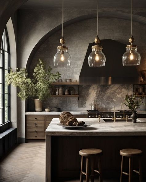 Moody Neutral Kitchen, Warm Rustic Kitchen, Back Kitchen Ideas, Dark Luxury Kitchen, Modern Tudor Interiors, Moody Farmhouse Kitchen, Moody Modern Kitchen, Fireplace In Kitchen, Dark Modern Kitchen