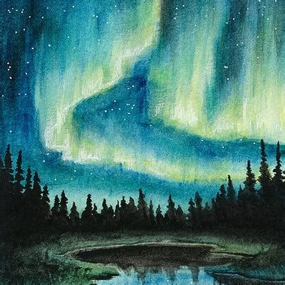 Aurora Borealis, Illustration By Liubov Syrotiuk Northern Lights Painting Watercolors, Northern Lights Watercolor Painting, Northern Lights Watercolor, Aurora Borealis Painting, Watercolor Night Sky, Northern Lights Art, Painting Mountains, Mini Watercolor, Northern Lights Painting