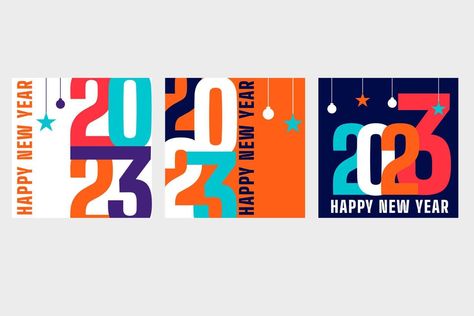 2023 set of Happy New Year posters. Abstract geometric typography design New Year Posters, Happy New Year Typography, Geometric Typography, New Year Typography, New Years Poster, New Year Card, Calendar Design, Typography Design, Happy New