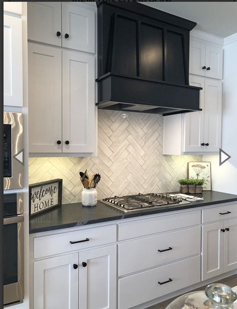 White Kitchen With Black Range Hood, White Kitchen Cabinets With Black Range Hood, Black Hood White Cabinets, Kitchen Backsplash With Black Counters, Stove Fan Oven Hood, Black Range Hood White Kitchen, Small Restroom, Kitchen 2025, Repainting Kitchen Cabinets