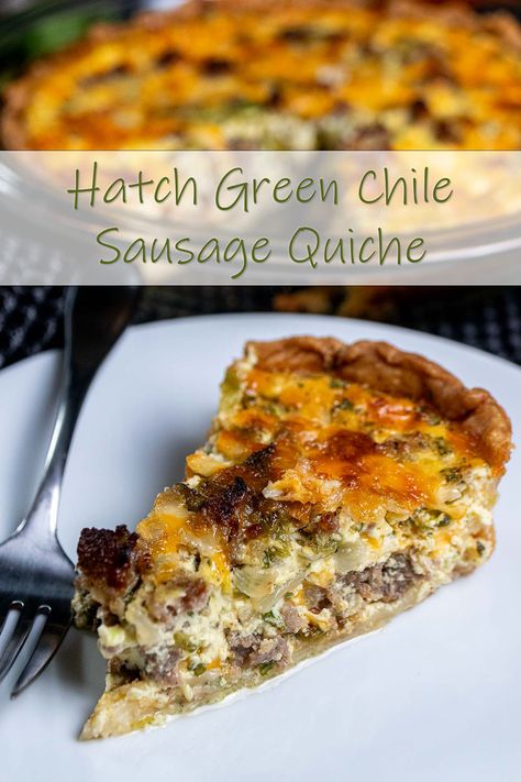 Close up view of a slice of green chile quiche with Hatch chiles and breakfast sausage on a white plate. Sausage And Green Chili Quiche, Green Chile Quiche Recipes, New Mexico Green Chile Bisquick Quiche, Green Chili Quiche Recipes, Green Chile And Cheese Quiche, Mexican Christmas Quiche, Green Chili And Cheese Quiche, Hatch Green Chili Sausage Recipes, Hatch Chili Sausage Recipes