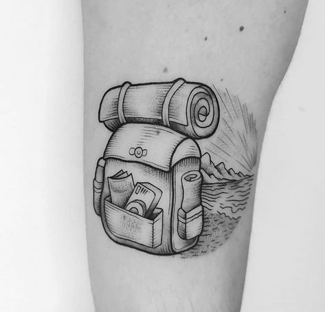 Backpack Tattoo Travel, Backpacking Tattoo, Tattoo Camping, Backpack Tattoo, Small Nature Tattoo, Outdoors Tattoos, Warrior Tattoo Sleeve, Compass Drawing, Adventure Tattoo