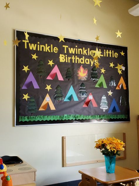 Toddler Birthday Board Ideas Classroom, Camping Birthday Board Classroom, Star Birthday Board Classroom, Star Work Bulletin Board, Star Of The Week Board, Learning Is An Adventure Bulletin Board, Camping Theme Birthday Bulletin Board, Birthday Chart Space Theme, Birthday Bulletin Board Ideas