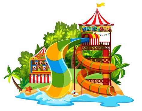 Scene with waterslide in the waterpark o... | Free Vector #Freepik #freevector #tree #water #nature #cartoon Nature Cartoon, Castle Vector, Funny Cartoon Characters, Water Pictures, People Having Fun, Water Nature, Diy Glass Bottle Crafts, Water Adventure, Fun Fair