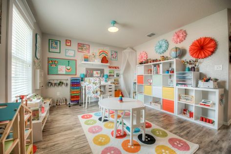 Our bright & cheerful IKEA playroom - Rooted Childhood Ikea Kids Playroom, Trofast Ikea, Ikea Playroom, Small Playroom, Modern Playroom, Ikea Rug, Flex Space, Colorful Playroom, Basement Playroom