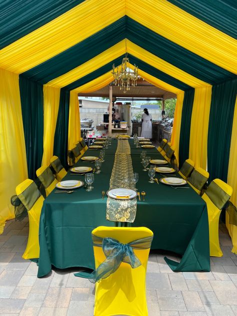 Client wanted emerlda green and yellow drapesd tent for a small dinner celebration. Outdoor Tent Decorations, Cabana Tent, Wedding Decorations Diy Centerpiece, Coconut Decoration, Banquet Decor, Candy Theme Birthday Party, Wedding Color Pallet, Sports Decor, Marriage Decoration