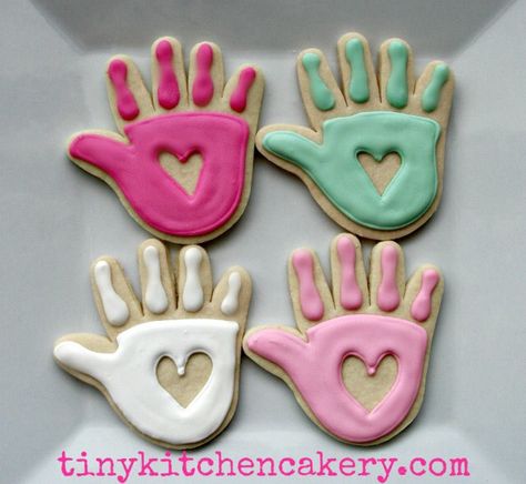 Baby girl cookies - pink green white - handprint heart outline cookies Www.facebook.com/tinykitchencakery Daycare Cookies Decorated, Handprint Cookies, Handprint Heart, Heart Outline, Cookie Inspiration, Second Birthday, Baby Hands, Cookies Decorated