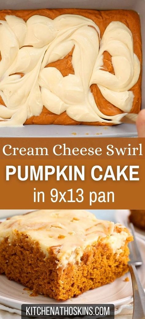 Learn how to make the best pumpkin cake with cream cheese that's homemade from scratch in a 9x13 pan, using pumpkin spices and is soft, fluffy, without frosting and is one of the best pumpkin desserts for fall or as a Thanksgiving dessert for a crowd. Get the easy pumpkin cream cheese cake recipe in quarter sheet pan at kitchenathoskins.com. Pumpkin Recipes With Cream Cheese, Pumpkin Cake With Cream Cheese Frosting, Fall Dessert For A Crowd, Easy Fall Desserts For A Crowd, Pumpkin Cream Cheese Cake Recipe, Sheet Pan Desserts, Fall Desserts For A Crowd, Best Pumpkin Desserts, Easy Pumpkin Desserts