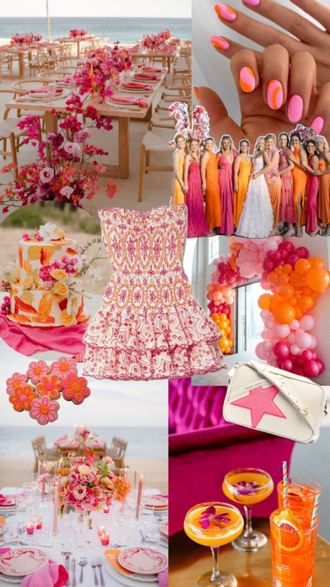 fun inspo for birthday or grad party Orange Grad Party, Pink And Orange Party, Orange And Pink Wedding, Filipino Wedding, Sunset Party, Spring Formal, Orange Party, Party Inspo, Bachelorette Party Themes