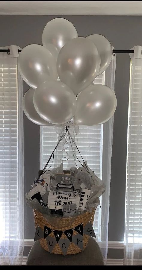 These DIY Baby Boy Gift Basket Ideas are Perfect for Baby Showers White Color Theme Party Basket, White Color Basket Party Ideas, Gift Basket Baby Shower Boy, Grey Gift Basket Ideas, Baby Shower Boy Gifts Basket, Black And White Gift Basket Ideas, Baby Shower Hanger Basket, Baby Crate Gift Ideas Boy