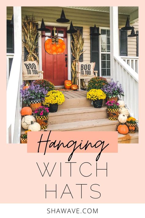 Witches Front Porch Decor, Witch Hats On Porch, How To Hang Witches Hats On Porch, Witch Hat Porch Decor, How To Hang Witches Hats From Ceiling, Floating Witch Hats Porch, Hanging Witch Hats Porch, Witch Hats Hanging From Ceiling, Witches Hats Decorations