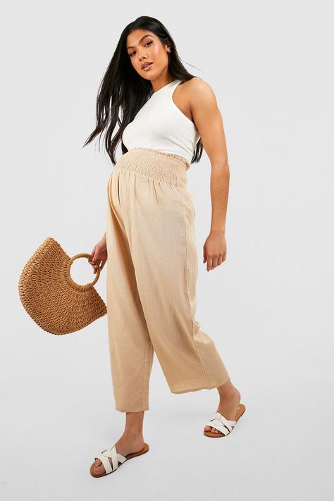 Maternity Shirred Waist Linen Culottes | boohoo Linen Maternity Pants, Linen Pants Maternity Outfit, Linen Pants Pregnancy Outfit, Maternity Joggers, Pregnancy Pants, Maternity Work Pants, Boohoo Maternity, Linen Culottes, Linen Pants Outfit