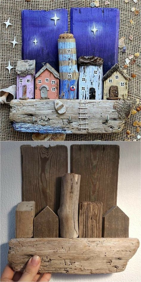 Tre Kunst, Driftwood Diy, Driftwood Art Diy, Driftwood Projects, Driftwood Crafts, Small Houses, Beach Crafts, Garden Art Sculptures, Garden Art Diy