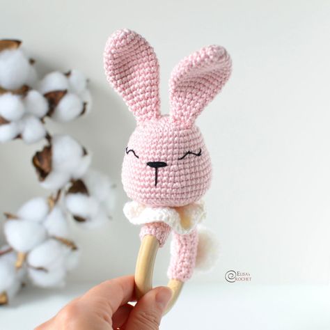 Crochet Teething Ring, Teething Ring Pattern, Teether Pattern, Bunny Teether, Crochet Nursery Decor, Crochet Rattle, Crochet Nursery, Ring Pattern, Crochet Baby Toys