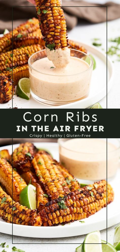 Prepare yourself for the savory, sweet, smoky flavors of these delicious corn ribs! Each piece is packed with a bold mix of spices, then finished with a squeeze of lime and fresh cilantro. Enjoy them hot out of the air fryer or oven for a crispy, satisfying treat that’s perfect for grilling season! #cornribs #veganrecipe #healthy Ribs In The Oven, Corn Ribs, Vegan Breakfast Casserole, Seasoned Corn, Easy Corn, Grilling Season, Corn Recipes, Air Fryer Recipes Easy, Rib Recipes