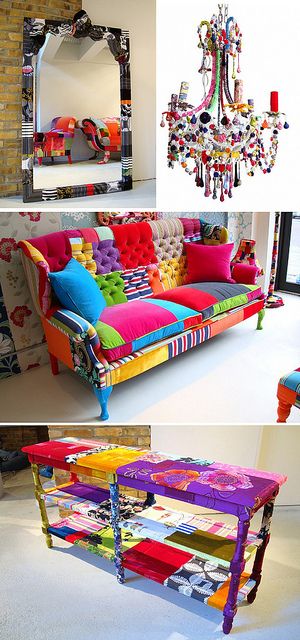 Squint by decor8, via Flickr..Hello amazing.couch and chandelier from heaven. Patchwork Furniture, Patchwork Sofa, Koti Diy, Deco Boheme, Diy Sofa, Sofa Colors, Funky Furniture, Colorful Furniture, Furniture Makeover