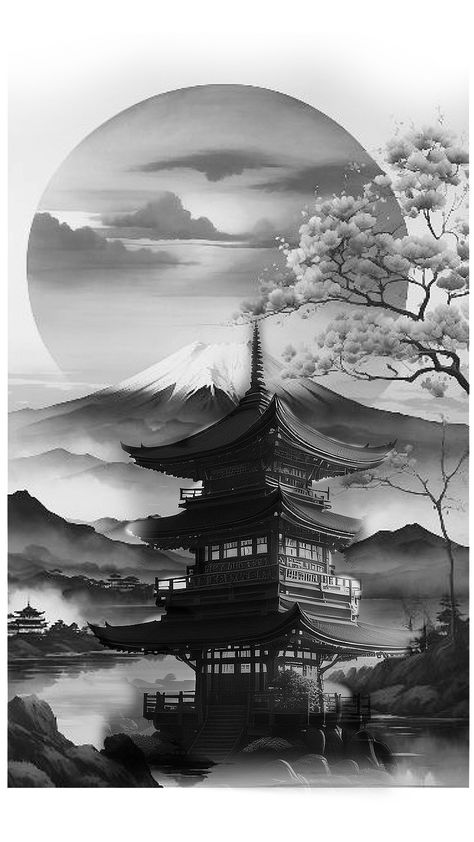 Asian Mountain Tattoo, My Fuji Tattoo, Japanese Temple Tattoo Stencil, Japanese Tattoos Back, Japanese Building Tattoo, Japanese Mountain Tattoo, Japanese Landscape Tattoo, Japanese Pagoda Tattoo, Japanese Background Tattoo