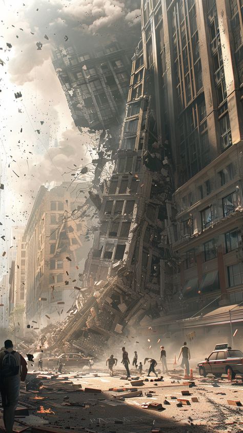 #CollapsingBuilding #PedestriansFleeing #Hyperrealistic #9:16 #TheCandie Destroyed Building Aesthetic, Abandoned City Concept Art, Bombed City, Broken Building, Collapsed Building, Apocalyptic Art, Dystopian Art, Broken City, Inspirational Digital Art