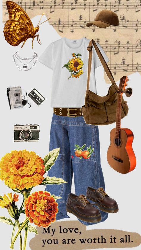 #outfit #brown #nature #vintage #outfitinspo #flowers #aesthetic #orange #yellow Yellow Grunge Outfit, Yellow And Orange Outfit, Yellow Grunge, Brown Nature, Outfit Brown, Aesthetic Orange, Nature Vintage, Grunge Outfit, Orange Outfit