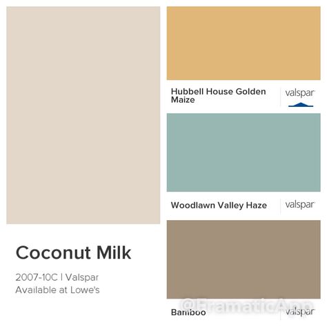 Kitchen colors Valspar Coconut Milk 2007-10C Hubbell Golden House Maize 3004-5C Woodlawn Valley Haze 5004-5C Bamboo EB11-1 Valspar Coconut Milk, Valspar Bedroom, Farmhouse Kitchen Colors, Milk Paint Colors, Valspar Colors, Paint Color Combos, Farmhouse Paint Colors, Farmhouse Paint, Stools For Kitchen Island