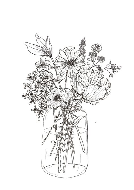 Line art Drawings Printable, Bouquet Drawing, Flower Bouquet Drawing, Fargelegging For Barn, Simple Bouquet, Printable Flower, Flowers Printable, Flower Line Drawings, Flowers Drawing