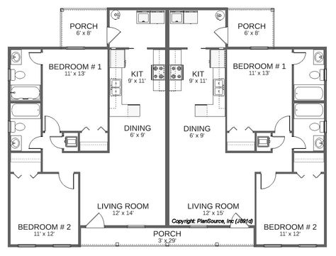 Duplex plan J891d Duplex Plans Single Level 2 Bedroom, Duplex Plans Single Level, Small Apartment Building, Duplex Floor Plans, Duplex Plans, Retirement House, Bathroom Tub Shower, Affordable House Plans, Two Bedroom House