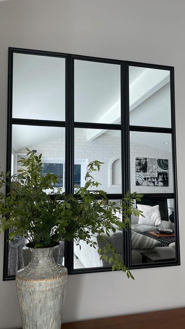 Big Mirror Living Room Wall, Mirror Wall Behind Couch, Mirror Wall Above Couch, How To Make A Mirror Look Like A Window, Target Wall Mirror Hack, Nissedal Mirror Ikea Hack, Mirror On Top Of Couch, Faux Window Mirror, Stair Mirror Wall