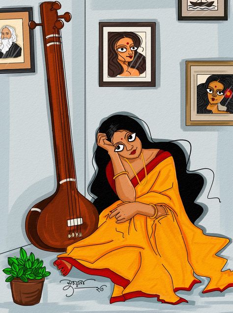 Don't copy or Steal Indian Digital Illustration, Desi Art Illustration, Bengali Folk Art Painting, Bengali Paintings, Bengali Art Paintings, Bengali Drawing, Bengali Illustration Art, Bengali Art Culture, Bengali Illustration