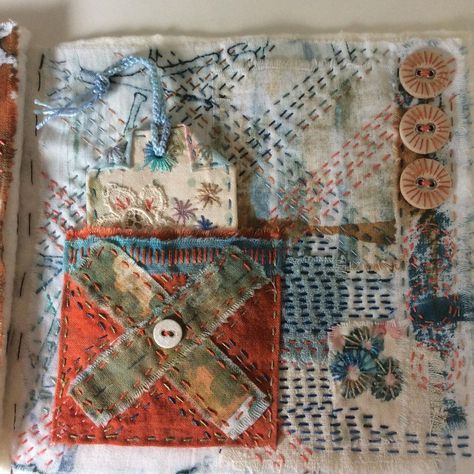 Hilary Kimber on Instagram: “Third page (‘the one with the pocket’) of the fabric book finished. I’m really enjoying doing this but find it difficult to leave the odd…” Scrap Fabric Projects, Fabric Cards, Stitch Book, Needle Book, Slow Stitching, Fabric Book, Favorite Hobby, Fabric Projects, Fabric Art