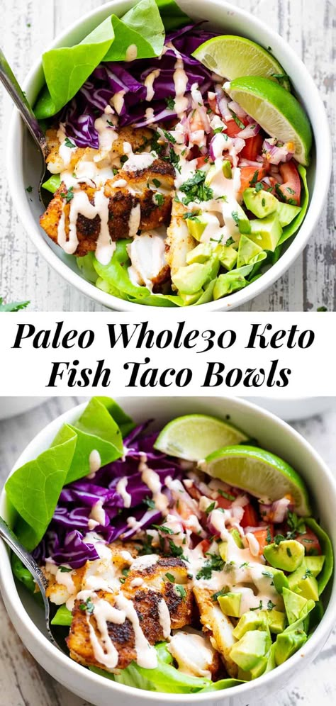 Paleo Bowl, Paleo Fish Tacos, Healthy Fish Tacos, Quick Salsa, Paleo Running Momma, Taco Bowl Recipe, Fish Taco Sauce, Easy Fish Tacos, Paleo Fish