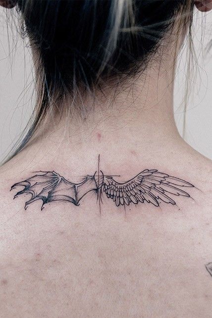 Lucifer Wings Tattoo On Back, Demon Angel Wings Tattoo, Collar Bone Wing Tattoo, Demon Wing Tattoo, Surya Tattoo, Wing Neck Tattoo, Mechanical Wings, Wing Tattoos On Back, Tattoo Font For Men