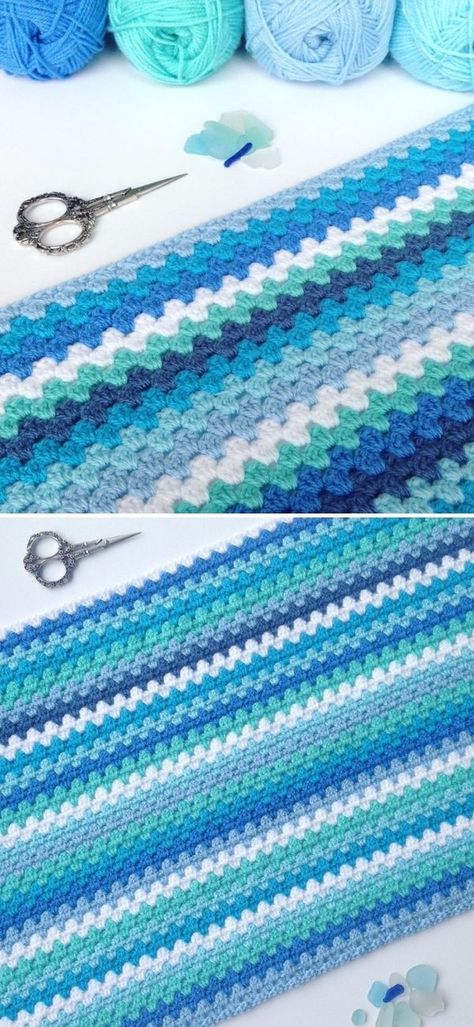 Free Crochet Patterns For Baby Blankets Boys Blue, Shades Of Blue Crochet Blanket, Crochet Stripe Blanket, Crotchet Blankets, Crochet Blanket Girl, Blue Crochet Blanket, Sea Crochet, Crochet Blanket Colors, Granny Stripe Blanket