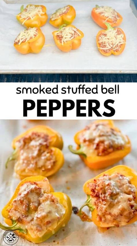 Smoked stuffed peppers is a delicious and easy dinner recipe that everyone will love. Stuffed peppers are always delicious, but the flavor is hugely intensified when you pop them on the smoker to finish cooking. These stuffed bell peppers are made with seasoned ground beef, hearty rice, healthy cabbage, and topped with a layer of melty cheese. If you have a pellet grill, you have to try smoking peppers; you will love it! #smokedpeppers #stuffedpeppers #stuffedpepper #pelletgrill Stuffed Bell Peppers On The Smoker, Smoked Stuffed Bell Peppers, Smoked Bell Peppers, Smoked Bell Peppers In Smoker, Smoked Stuffed Peppers, Smoked Peppers, Smoker Cooking Recipes, Stuffed Bell Peppers Ground Beef, Healthy Cabbage