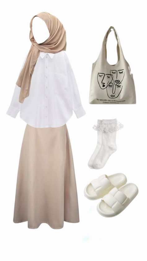 Outfit Ideas Skirt Hijab, Hijab Neutral Outfit, Muslimah Outfit Ideas Simple, Neutral Skirt Outfit, Outfit Ideas For Hijabi Women, Outfit Ideas For Muslim Women, Neutral Outfit Ideas, Capsule Wardrobe Women, Simple Style Outfits