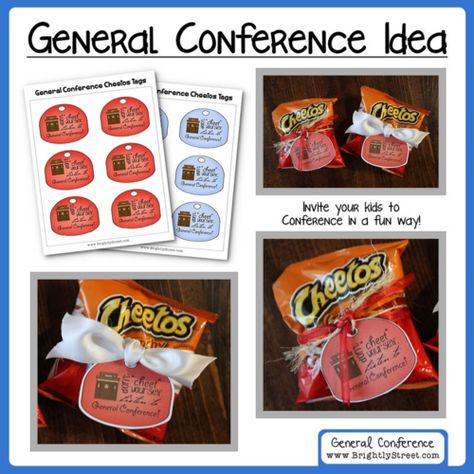 General Conference Treat Tags, General Conference Treats, General Conference Young Women, Lds General Conference Activities, Conference Reminder, Conference Invitation, Conference Activities, Bag Of Cheetos, General Conference Activities