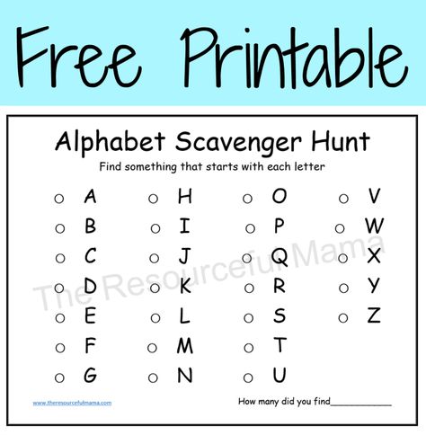 Free printable alphabet scavenger hunt-great for kindergartners learning sounds or a challenge for kids Letter Scavenger Hunt, Toddler Scavenger Hunt, Alphabet Scavenger Hunt, Learning Sounds, Camping Party Games, Indoor Party Games, Toddler Party Games, Indoor Birthday Parties, Birthday Board Classroom