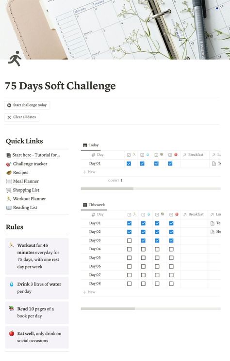 75 Days Soft Challenge Notion Template 75 Days Soft Challenge, Notion Board, Soft Challenge, Notion Inspo, Workout Template, Planner Minimal, Interactive Calendar, Weekly Planner Free Printable, 75 Soft