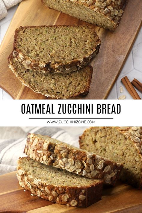 Oatmeal zucchini bread recipe by Zucchini Zone. Oatmeal zucchini bread is a tender and chewy quick bread that's filled with shredded zucchini, oats, and warm spices. It makes a great breakfast paired with a cup of morning coffee. #oatmealzucchinibread #oatmealbread #zucchinibread #quickbread #baking #recipe Zucchini Baked Oatmeal Cups, Zucchini Oatmeal Bread, Oatmeal Zucchini Muffins, Zucchini Oats, Shredded Zucchini Recipes, Oatmeal Zucchini, Brekky Ideas, Healthy Zucchini Bread, Oatmeal Bread Recipe