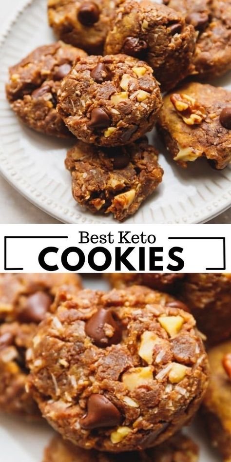 The Best Keto Cookies – crunchy and sweet, made with nut butter, chocolate chips, coconut and walnuts (or pecans). Best Keto Cookies, Keto Cookie Recipes, Keto Chocolate Chips, Healthy Cookie Recipes, Low Carb Treats, Baking Recipes Cookies, Low Carb Cookies, Low Carb Sweets, Keto Dessert Easy