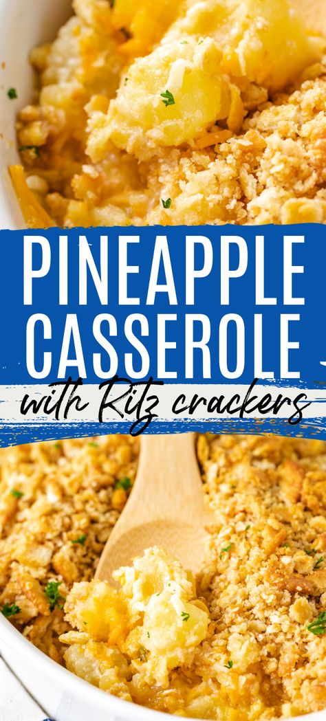 This Southern Pineapple Casserole recipe combines the sweetness of pineapple with sharp cheddar cheese and buttery Ritz crackers to create a classic dish that your whole family will love. Enjoy the flavor of this unique blend of crushed pineapple, canned pineapple chunks, butter crackers and more! Baked Pineapple | Pineapple Recipes | Best Pineapple Casserole Recipe | Pineapple Cheese Casserole | Pineapple Sugar | Pineapple Desserts | Pineapple | Casserole Recipes | Thanksgiving Recipes | Pineapple Ritz Cracker Dessert, Recipes Using Pineapple Tidbits, What To Make With Canned Pineapple, Pineapple Casserole With Ritz Crackers, Pineapple Tidbits Recipes, Pineapple Bake, Crushed Pineapple Recipes, Pineapple Cheese Casserole, Ritz Cracker Dessert