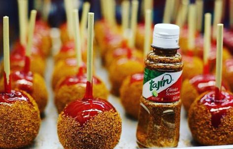 Stuck between a sweet or spicy treat? Why not have both?! Make a spicy caramel apple at home! Recipe linked! Tajin Apples, Lime Powder, Spicy Peanuts, Fair Food Recipes, Caramel Apples, Peanut, Caramel, Baking