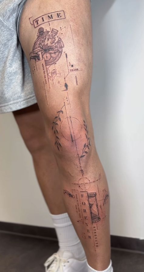 Leg Line Tattoo Men, Spiritual Nature Tattoos, Sagaterious Tattoos, Tattoo Inspiration Men Leg, Subtle Tattoos Men, Men’s Thigh Tattoos, Tattoo Tibia, Cool Leg Tattoos For Guys, Leg Tattoos For Guys