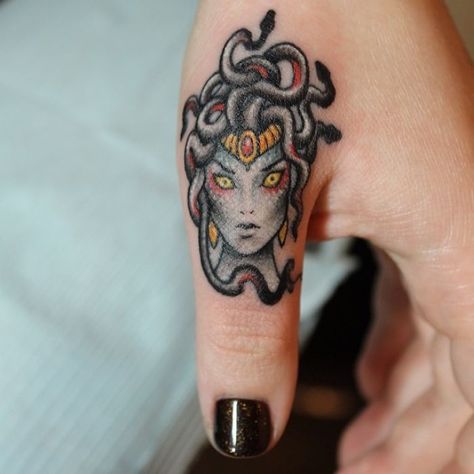 Medusa Finger Tattoo Skull Finger Tattoos, Inside Finger Tattoos, Simple Finger Tattoo, Flipping The Bird, Tiny Finger Tattoos, Small Finger Tattoos, Finger Tats, Finger Tattoo Designs, Sugar Skull Tattoos